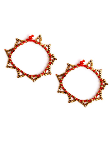 Set Of 2- Lina Red Thread Beaded Anklets